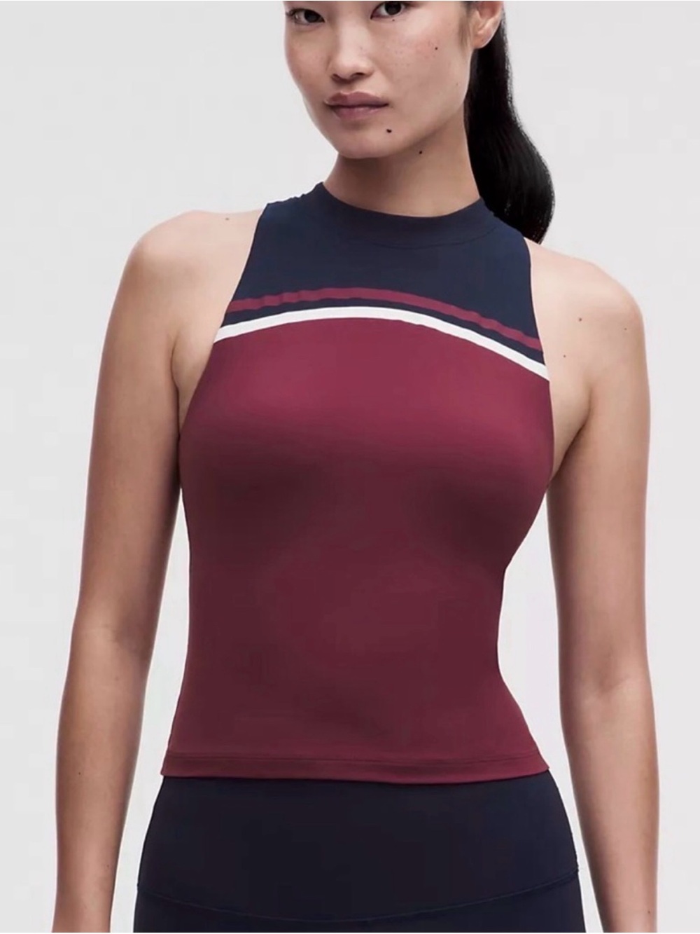 Lululemon NWT Mockneck Shelf Tank *Stripe Burgundy Bay / True Navy Size Large